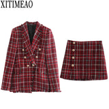 Women Autumn Winter New Tweed Vintage Two Piece Skirt Suits Sets Buttons Coat And A-line Skirt Sets Elegant