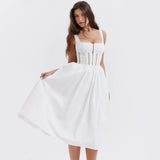 Summer Square Neck White Midi Dress Elegant Sleeveless A Line Holiday Party Dress Casual Women Lace Dress 2023-Outfit