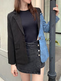 Women Fashion Blazer Denim Patchwork Jackets 2024 Autumn Winter Irregular Coat Female Long Sleeve Loose Outerwear TH880-Outfit