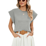 2024 New Round Collar Solid Color Shoulder-Inserted Sleeve Casual T-Shirt-Outfit