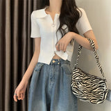 Double-Tipper Black Ice Knitted Cardigan Women Summer High-Waist Thin Polo Collar Short-Sleeved T-Shirt Blot