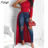 One Shoulder Dip Hem Blouse Women Long Sleeve Skew Collar Asymmetrical Casual Blouses