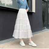 Fongt New Long Lace Layer Patchwork Mesh Skirt Over The Knee A Word Versatile Vertical Skirt Female Autumn-Outfit