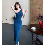 Pat Yujie Style Temperament, Sexual Oblique Shoulder Dress, Advanced Sense, Slim, Hip-Covered Knitted Dress-Outfit