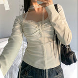 Lace Trim Square Collar Lace Ribbon Long Sleeve Tee-Outfit