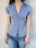 Fongt Commute Wind Fashion Stripe Buckle Bubble Sleeve Top Hottie Temperament Folding Braid Shirt