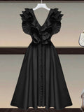 Casual Loose Dress For Women V Neck Sleeveless High Waist Ruffle Trim Solid Midi Dresses Female Clothing Style