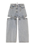 Women's Denim Pants Loose Waist Zip Hollow Out Solid Color Wide-leg Floor-length Jeans Autumn 2023 New Tide-Outfit