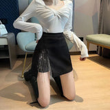 Black Side Split Rhinestone Fringe Mini Skirt-Outfit