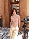 Fongt Xixi 2025 Autumn New Temperament Pure Color Round Collar Hollow Knitted Shirt Toped Women 25325