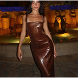 Brown Sequin Strap Sleeveless Maxi Dress-Outfit