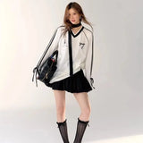Stripe Bow Oversized V-neck Black Jersey Long Sleeve Top-Outfit