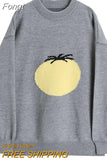 Women Chic Print Knitted Pullovers Sweaters O-Neck Warm Oversized Loose Casual Ins Cute Jumpers Harajuku Ladies Top