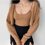 Cropped Button Knit Two Piece Cardigan-Outfit