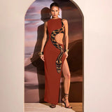 Women's 2024 Summer New Sexy Slim Slit Long Skirt Hollow Dress Sexy Party Dress Club Clothing-Outfit