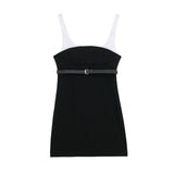 Spring Style With Belt Splicing Short Dress 3152308-Outfit