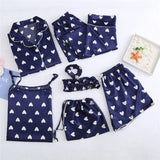 Spring 7 Pieces Set Silk Elegant Women Pajamas stripe Shorts Long Sleeve Tops Elastic Waist Pants Full Lounge