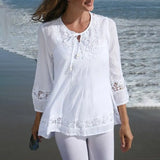 Summer Lace Crochet Blouse Women Elegant 3/4 Sleeve Patchwork Shirt Casual Hollow Out Tops Solid Loose Work Blusas