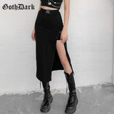 Dark Gothic High Waist A-Line Black Midi Skirts Mall Goth Y2k Punk Style Women Sexy Slit Side Buckle Front Skirt