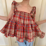 Lace Up Sleeveless Plaid Cami Top-Outfit