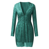 Fongt New Women's Ebay Dress Deep V Perspective Long Sleeve Short Dress Sprinkled Gold