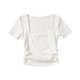 Trendy Women's T-Shirt Slim Style Square Collar Wrinkled Candy Color Short-Sleeved Elastic Blouse-Outfit