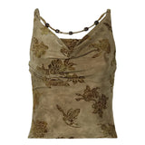 Print Knit Beaded Sling Small Vest Female 2024 Spice Girl Pleated Swing Collar Show Back New Top-Outfit