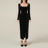 Sexy Velvet Two New Spring 2025 New Fashion Slings To Collect The Waist Thin Knot Long-Sleeved Dress