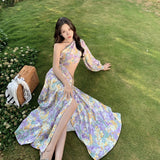 Fongt Shoulder One Shoulder Long Sleeve Dress Skirt Floral Dress Female Sanya Thailand Holiday Dress-Outfit