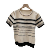 Fongt Version Of Chic Summer Small Casual Round-Coln Color Three-Dimensional Stripe Design Sense Loose Short-Sleeved Knitted T-Shirt