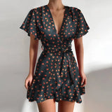 Dot Floral Print V Neck High Waist Sashes