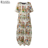 Summer Sundress ZANZEA Stylish Cartoon Print Maxi Dress Casual Short Sleeve Tunic Vestidos Female O Neck Robe