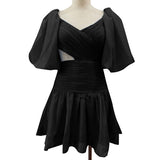 Solid Cut Out Dress For Women V Neck Short Sleeve High Waist Ruched Mini Dresses Female Summer Clothing New