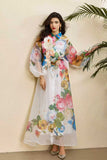 Fongt Court-Print Bubble-Sleeved Dress Women's Autumn Strap-In Belt Design Super Fairy Long Dress Dress
