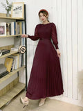 Fongt Ripe Wind High Waist Round Collar Dress Spring And Autumn New Temperament Solid Color To Show Thin Waist Swing 100 Rhetum Long Skirt