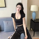 Fongt Solid Color Slim Sexy Female Short Sleeve U Collar T Shirt Basic Korean Version Short Jacket Ebay-Outfit