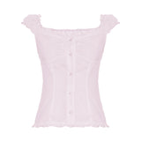 Fongt Girl Age-Sensitive French Retro Checkered Low-Chest Shoulder Short-Sleeved T-Shirts Single-Breasted Buckle Thin Top