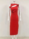 Red 3D Flower Cutout Rhinestone Midi Dress-Outfit