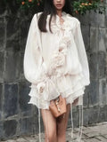 Fongt Sweet Dress Women's Spring 2025 New Flowers Spliced High-End Feeling With Lantern Sleeves Short