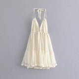 The Summer Of 2024, The New Style Baitai Thin Laminated Net Yarn Spliced V-Collar Halter Skirt With Large Bare Back-Outfit