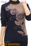 Autumn Winter Middle-aged Women Knit Sweater Print Pullover Turtlenecks Fleece Liner Warm Tops Mother Sweaters Base