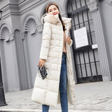 Winter New Tie Long Cotton-Padded Clothes Korean Version Over The Knee Thick Warm Hooded Solid Color Big Wool Collar Down Cotton Suit-Outfit