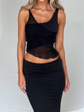 Mesh Sheer See Through Patchwork Tank Exposed Navel Tops Summer Streetwear Sexy Women Irregular Hem Black Mini Vests-Outfit
