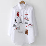 New White Shirt Casual Button Up Turn Down Collar Female Blouse Long Sleeve Cotton Blouse Embroidery Blouse Lady 5083