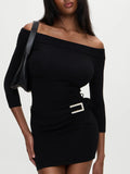 Fongt Temperament Short Dress 2025 Autumn And Winter New Striped Shoulder Repair Slim Sexy Short Dress Female