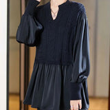 Knitted Patchwork Blouse Spring Autumn Korean Loose Women's Clothing Basic Fake Two Pieces Casual Half Open Collar Shirt-Outfit