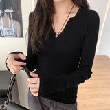V-Neck Knitted Long-Sleeved T-Shirt Women's New Spring And Summer Style Slim And Thin Bottomed Shirt With A Shoulder