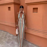 Fongt Women's Explosive V-Neck Crochet Sling Striped Back Dress Party Is Thin