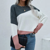 Color Matching Spring Women O Neck Sweater Elegant Long Sleeve Office Lady Loose Pullover Top Casual Femme Knitting