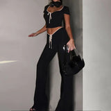 Fongt 2024 Fashion Suit New Women's Sexy Sweet Hot Girl Short Top Draw Rope Wide Leg Pants Fashion